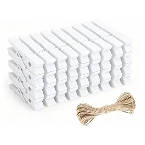 lot 8404 image: jijAcraft Wooden Clips with String, 50Pcs 2.9Inch Large Photo Display Clips, White Clothes Pins, Wooden Craft Decoration Clip for Cheer Pins, Storage Bags, Hanging Clothes