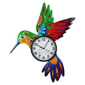 lot 9003 image: HOBYLUBY Large Outdoor Clock Silent Non-Ticking, Outdoor Wall Clock with Thermometer & Humidity Decorative Outdoor Clocks for Patio, Garden, Home Decor(Red&Green Hummingbird)