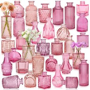 lot 9024 image: Colored Glass Vases Bulk 32 Pcs - Assorted Vintage Bud Vases for Wedding Centerpieces, Rustic Embossed Glass Bottles for Table Decor, Home Floral Arrangements with Pink Series (2-6 Inch)
