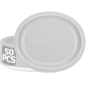lot 9034 image: QZYL 50 Count Large Silver Oval Paper Plates, 12.2 X 10.2 - Disposable Dinner Plates for Bulk Party Decorations, Wedding, Anniversaries, Graduation, Birthday
