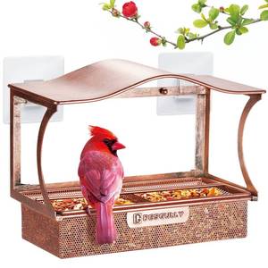 lot 9040 image: Window Bird Feeder, Metal - with Strong Suction Cups, Large Outdoor for Viewing Bird Watching Gift (Curved)