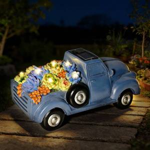 lot 9041 image: VIRELIKOZ Solar Garden Decor Outdoor Statues Truck with Succulent and 7 LED Lights, Yard Decor for Outside, Yard Art Gardening Gifts for Women Mom Grandma (Blue Truck)