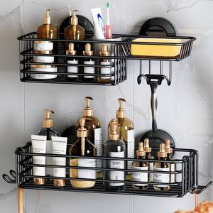 lot 9045 image: LEVERLOC Shower Caddy Suction Cup, 2 Pack Shower Shelves for Inside Shower with Hooks & Soap Holder, NO-Drilling Bathroom Shower Organizer, Rustproof Meatl Shower Holder Storage, Black