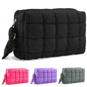 lot 10022 image: Puffer Quilted Makeup Bag Cosmetic Bags,Puffy Travel Toiletry Pouch for Women,Cute Checkered Zipper Bag Travel Essential,Portable Aesthetic Make up Organizer Bag for Gifts Work Daily(Black,M)