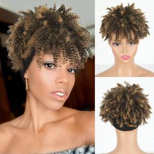 lot 10027 image: Aisaide Afro Kinky Curly Headband Wig Short Black Afro Wigs for Black Women Synthetic Kinky Curly Headband Wig with Bangs for Women Natural Afro Puff with Bangs Turban Wrap-Wig 4inch
