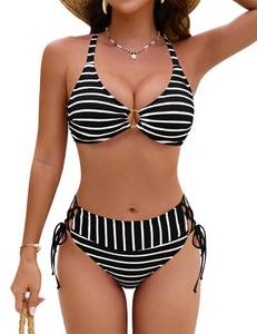 lot 10100 image: Blooming Jelly Womens Sexy Bikini Set Mid Rise Striped Crinkle Side Tie Two Piece Swimsuit 2026 Ladies High Cut Cheeky Color Block Cute Bathing Suit (Large, Black)