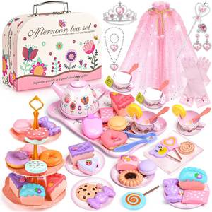 lot 10111 image: Tea Party Set for Little Girls, 63Pcs Pretend Play Toys, Princess Dress Up Tea Time, Tin Tea Sets for Toddlers 3-5 6 with Dessert, Carrying Case, Kids Kitchen Playset, Birthday Gift for Toddler Girls