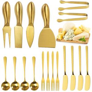 lot 10114 image: YECERCAN 18 pieces Charcuterie Board Accessories, Gold Stainless Steel Cheese Knives, Butter Knife Spreader, Appetizer Forks, Mini Serving Tongs Spoons for Gathering Wedding Birthday...