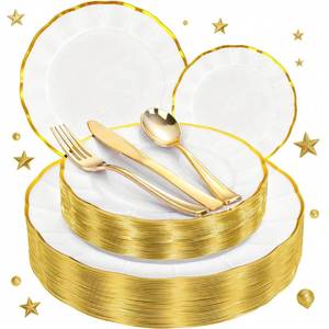 lot 11726 image: ejonirinjonir EI 150pcs White Plastic Plates with Gold Plastic Silverware,Disposable Plate Heavy Duty,White Dinnerware Set,Elegant Plates for Party,Wedding,Afternoon Tea,Spring,Valentines Day
