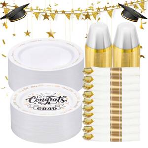 lot 11727 image: Goodluck 350 Piece Graduation Gold Plastic Dinnerware Set for 50 Guests, Congrats Grad Disposable Plates Include 50 Dinner Plates, 50 Dessert Plates, 50 Cups, 50 Pre Rolled Napkins with Silverware