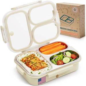 lot 11769 image: Everusely Stainless Steel Bento Box - 25 oz  750 mL - Leakproof Metal Lunch Box with 3 Compartments - Premium Sectional Snack Container with Clear Lid - BPA Free  Dishwasher Safe