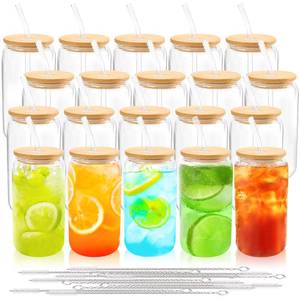 lot 11771 image: Joyclub 20 Set Glass Cups with Bamboo Lids and Glass Straws 16oz Can Shaped Reusable Iced Coffee Glasses Bulk Set Drinking Jars wholesale for Party Weddings Cafes Boba Shops Gifts DIY