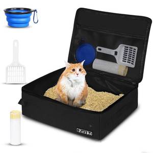 lot 11801 image: Petskd Portable Cat Travel Litter Box with Lid and 10 pcs Disposable Liner Bags, Leak-Proof and Collapsible, Cat Travel Essentials for Car, Hotel, Airplane and Other Outdoor Use(Black)