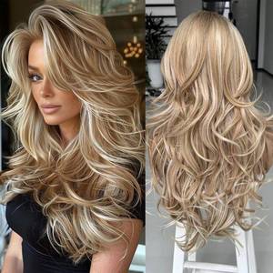 lot 12168 image: Aisaide Ombre Platinum Brown Highlight Wig with Bangs Long Wavy Layered Wig with Curtain Bangs for White Black Women,Synthetic Ombre Light Brown Layered Long Wavy Shaggy for Women 24inch