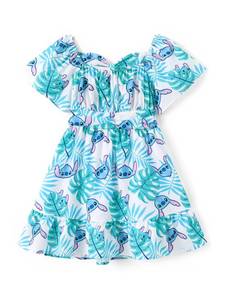 lot 12186 image: Disney Stitch Girls Tie Back Dress Green Palm Tree Print Tween Kids Off ShoulderShort Sleeve Smocked Cinched Waist Outfit Clothes Size 7-8