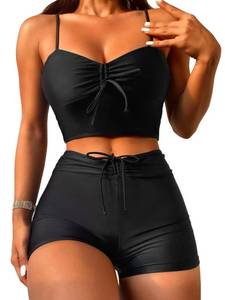 lot 12197 image: Lilosy Tummy Control Drawstring High Waisted Bikini Set String Swimsuit Spaghetti Strap Cami Top and Tie Side Shorts 2 Piece Women Bathing Suit Black Medium (Only Top)