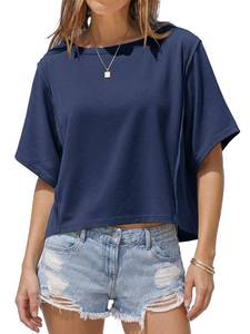 lot 12199 image: Fisoew Womens Oversized Crop Tops Summer Short Sleeve Crewneck T Shirts Casual Loose Basic Tee Workout Shirts Navy (Size Unknown)