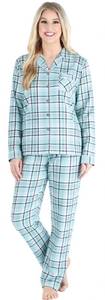 lot 12201 image: PajamaMania Womens Cotton Flannel Long Sleeve Button-Down Pajamas PJ Set, Aqua Blue Plaid, X-Small