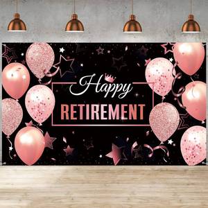 lot 12211 image: Blulu Retirement Party Decorations, Extra Large Fabric Retire Sign Banner Photo Booth Backdrop Background with Rope for Retirement Party Favor(72.8 x 43.3 Inch,Black and Rose Pink)