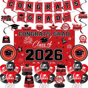lot 12213 image: Graduation Decorations 2026-Red and Black Graduation Party Decorations Supplies Class of 2026 with Graduation Banner, Backdrop, Balloons, Centerpieces, Hanging Swirl for Grad Party