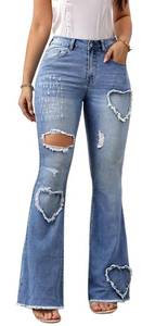 lot 12266 image: DvaeMalligo Flare Jeans for Women Heart Shape High Waisted Stretchy Frayed Raw Hem Ripped Bell Bottom Jeans Denim Pants Blue L