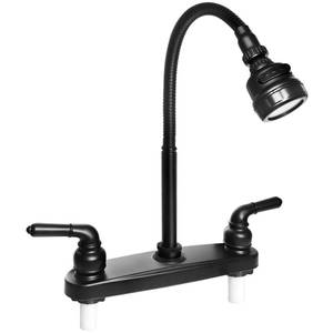 lot 13718 image: RV Kitchen Faucet,Camper RV Kitchen Sink Faucet Replacement with 2 Handles Flexible Spout 360 Swivel Rotatable Tri-Function Sprayer for Motorhomes,Travel Trailers,8 inch 2 Hole,Non-Metallic,Black