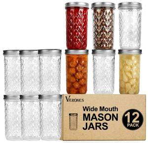 lot 13722 image: VERONES Wide Mouth Mason Jars 22oz, 12 Pack 22 oz Wide Mouth Mason Jars with Lids and Bands, Ideal for Jam, Honey, Wedding Favors, Shower Favors