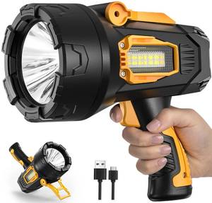 lot 14045 image: MIXILIN Rechargeable Spotlight 2,000,000 Lumens, Super Bright LED Spotlight Flashlight Outdoor with COB Light & Foldable Tripod, Long Lasting Large Handheld Spot Light for Boating Camping