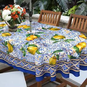 lot 14054 image: bnhjsdw Blue Outdoor Tablecloth with Umbrella Hole for Oval Table, Waterproof Lemon Patio Table Cloth with Zipper - 60 x 102 inches