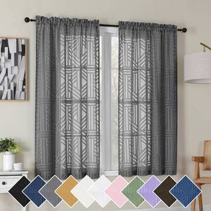 lot 14073 image: Simplebrand Grey Semi Sheer Curtains 54 Inch Length 2 Panels, Geometric Jacquard Clip Textured Short Sheer Curtains for Bedroom��Modern Elegant Window Curtains DrapesTreatment Sheer��42x54 inch