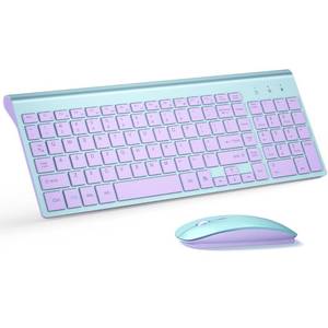 lot 14100 image: Wireless Keyboard and Mouse Ultra Slim Combo, TopMate 2.4G Silent Compact USB 2400DPI Mouse and Scissor Switch Keyboard Set with Cover, Batteries Included, for PCLaptopWindowsMac - Blue Purple