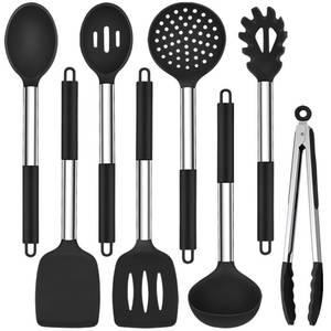 lot 14107 image: TeamFar Kitchen Utensils Set of 8, Silicone Utensils Kitchen Tools Set with Stainless Steel Handle, for Frying Serving Flipping Draining, Non-toxic & Heatproof, Nonstick & Dishwasher Safe - Black