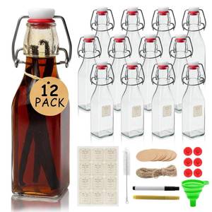 lot 19510 image: Ruckae Square Swing Top Glass Bottles with Lids Kombucha Coquito Flip Top Glass Bottle for Syrup Vanilla Extract Brew Beer Kefir Air Tight Bottles for Gift (8.5 oz 12 pack)