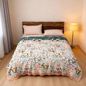 lot 19511 image: Ownkoti Throw Blanket for Bed, 90x 90 Quilted Cotton Reversible Soft Floral