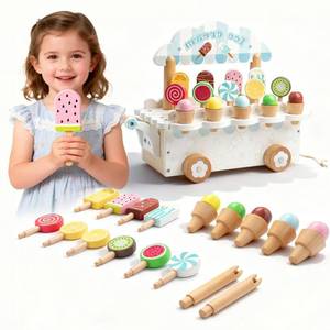 lot 19523 image: BROWNROOT Wooden Ice Cream Cart for Kids Pull Along Pretend Play Food Toys with Popsicles Ice Cream Cones ToyMontessori Role Play Toy Gift for Toddlers Girls Boys 3 4 5 Years Old