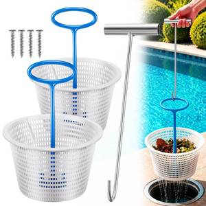 lot 19538 image: 2 Set 8 Pool Skimmer Basket for Inground Pool with 2 Skimmer Baskets Handle and 1 Stainless Steel Hook, White Universal Pools Filter Basket Skimmers for Debris Removal, Keep Hands Clean