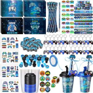 lot 19545 image: Watersay 218 Pcs Video Game Party Favors Set Includes Drink Cup with Lid Game Card Pencil Sharpener Eraser Stickers Slap Bracelet Keychain Stamp Sticker Ribbon for Gamer Birthday Level Party