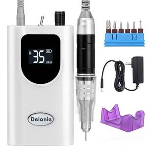 lot 19595 image: Delanie Professional Nail Drill High Torque 35000 RPM Rechargeable Portable Electric Nail File Filer for Acrylic Gel with Cuticle Bits, Salon Manicure Tool, White