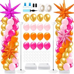 lot 19596 image: Kasyat Pink and Orange Balloon Arch Kit with Exploding Star Foil Balloons Hot Pink Orange Column Stand Kit for Birthday Hawaii Summer Tropical Baby Shower Wedding Party Decorations