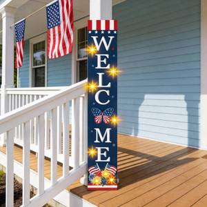 lot 19601 image: 4th of July Welcome Sign with LED Lights, 47 Patriotic Wooden Standing Decor for Front Door Porch, Independence Day 250th Anniversary Outdoor Decor, Memorial Day Yard Wall Hanging Ornament