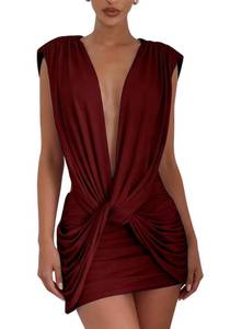 lot 20132 image: Lucuna Women Sexy Ruched Dresses Twist Sleeveless V Neck Going Out Bodycon Club Mini Dress Medium