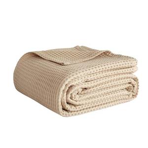 lot 20148 image: QKTE 100% Cotton Waffle Weave Throw Blanket, Soft Lightweight Breathable Cozy Blankets for Bed Couch Home D�cor All-Season Use (Beige, 40x50)