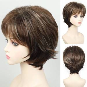 lot 20151 image: SEVENCOLORS Short Brown Wigs for White Women Pixie Cut Wigs with Blonde Highlights Natural Looking Synthetic Short Hair Wig for Women