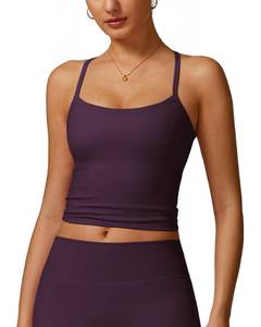 lot 20156 image: Womens Scoop Neck Longline Sports Bras Fixed Cross Back Women Workout Crop Tank Tops with Built in Bra Active Wear Athletic Work Out Gym Yoga Padded Bra Tank Top Dark Purple M (Black, Ribbed Long Sleeve Instead of Tank top)