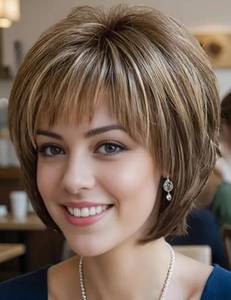 lot 20169 image: TISHINING Brown Short Hair Wigs for White Women Brown Mix Blonde Pixie Cut Wig with Bangs Brown with Blonde Highlights Straight Synthetic Natural Looking Daily Party Wig