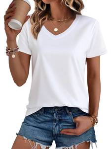 lot 20214 image: SMENG Cotton Shirt for Women V-Neck Short-Sleeve Classic-Fit T-Shirt Casual Soft Breathable Tee Basic Tops White M