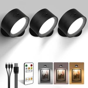 lot 20240 image: LED Wall Mounted Lights, Rechargeable Wall Sconces with Remote & Touch Control, 3 Color Temperatures 360° Rotation Dimmable Cordless Wall Light for Bedroom Study Reading Bedside (Black, 3 Pack)