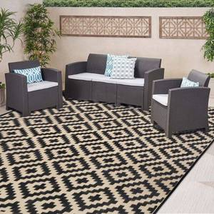 SAND MINE Waterproof Outdoor Rug 8x8 ft, Plastic Reversible Rug, Modern Area Rug, Large Floor Mat for Outdoors, RV, Patio, Backyard, Deck, Picnic, Beach, Camping, Black & Beige