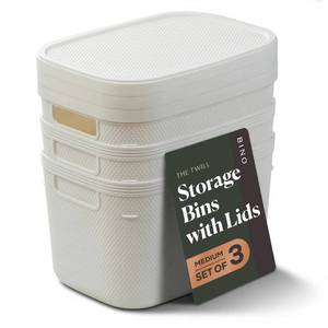 lot 1160 image: BINO  Plastic Storage Bins with Lids, 5.5 Liter - 3 Pack, White  THE TWILL COLLECTION  Plastic Bins for Organization  Woven Storage Baskets for Organizing  Pantry Shelf Organizer Basket Bin