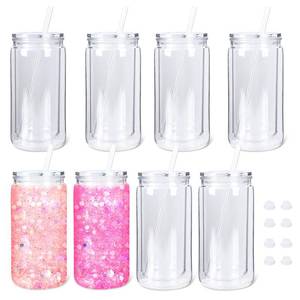 lot 1162 image: AUAUSAVE 8 Pack Plastic Snow Globe Tumbler, 16 Oz Mason Jar Double Wall Plastic With Lid And Straw, Snowball Sparkling Homemade DIY Gift Snow Globe Cup��Clear��